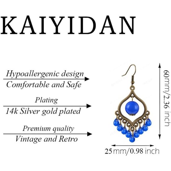 Blue Beads Tassels Retro Teardrop Vintage Long Summer Earring for Women Jewelry - Picture 4 of 9